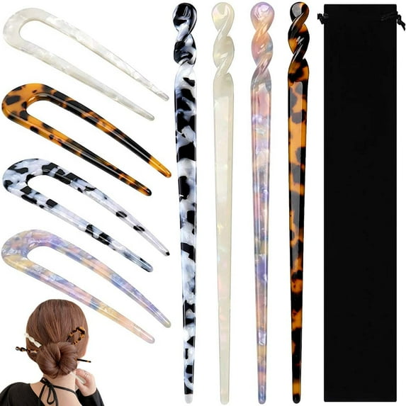 8 Pieces Acetate Hair Pins Sticks U-Shaped Straight Chopsticks Hairpin Hair Styling Accessories, Vintage Hair Pin Fork Hair Clips for Girls Women Updos Buns(Type C)
