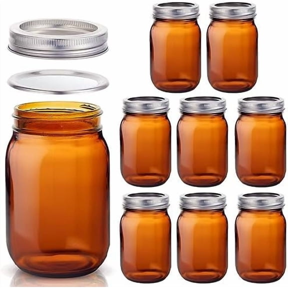 8 Pieces Amber Mason Jars 16 oz Amber Glass Mason Jar with Airtight Lids Canning Apothecary for Pickle Fermenting Canning Freezing Beverages Preserving Decor