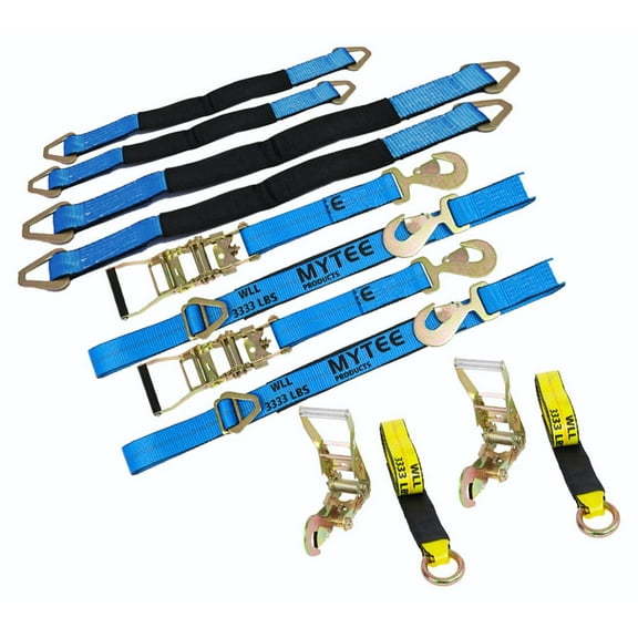 8 Pieces Axle Tie Down Kit (2) 24 Inch and (2) 36 Inch Axle Strap Kit With (2) 2"x8' Ratchet Straps Snap Hooks, (2) 2"x12' Side Mount Wheel Net