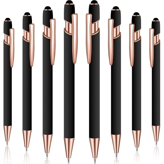 8 Pieces Ballpoint Pen with Stylus Tip Black Ink 2 in 1 Stylus Metal 1.0 mm Medium Point Smooth Pen Rainbow Colorful Rubberized Ballpoint Pen for Touch Screen Tablet (Rose Gold)
