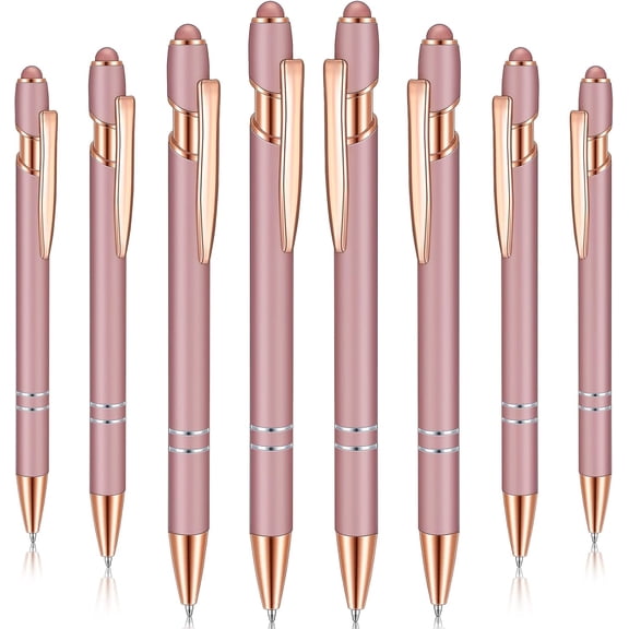 8 Pieces Ballpoint Pen with Stylus Tip Black Ink 2 in 1 Stylus Metal 1.0 mm Medium Point Smooth Pen Rainbow Colorful Rubberized Ballpoint Pen for Touch Screen Tablet (Rose Gold)