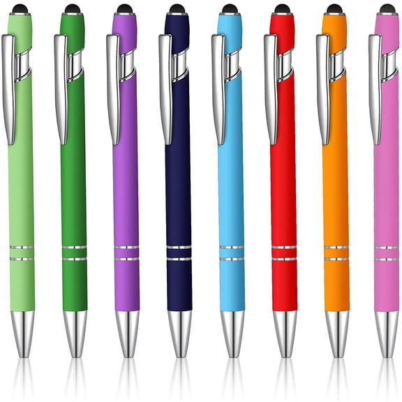 8 Pieces Ballpoint Pen with Stylus Tip Black Ink 2 in 1 Stylus Metal 1.0 mm Medium Point Smooth Pen Rainbow Colorful Rubberized Ballpoint for Touch Screen Tablet(Rainbow Color)
