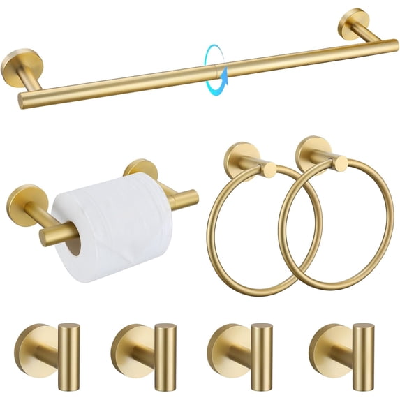 8-Pieces Bathroom Hardware Set Brushed Gold SUS304 Stainless Steel Bath Towel Bar Set 23.6 Inch Round Bathroom Accessories Kit Wall Mounted