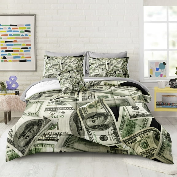 8 Pieces Bed in a Bag Money Comforter Set King Size Dollar Bill Comforter Set Gold Coins Bedding Set with 1 Comforter, 4 Pillowcases, 1 Flat Sheet, 1 Fitted Sheet, 1 Cushion Cover