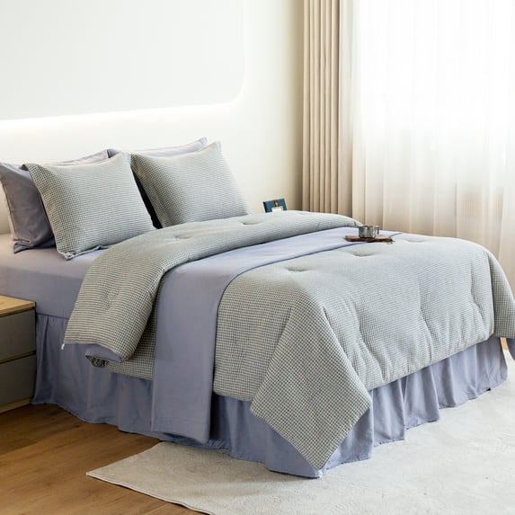 8 Pieces Bed in a Bag, 100% Cotton Queen Comforter Set, Boho Waffle Bedding Set for All Season (Gray)