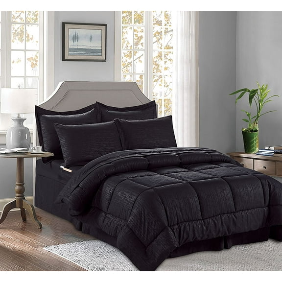 8 Pieces Bed in a Bag Bamboo Pattern Comforter Set,Flat ,Fitted,Pillowcase ,Comforter King Cal King Black