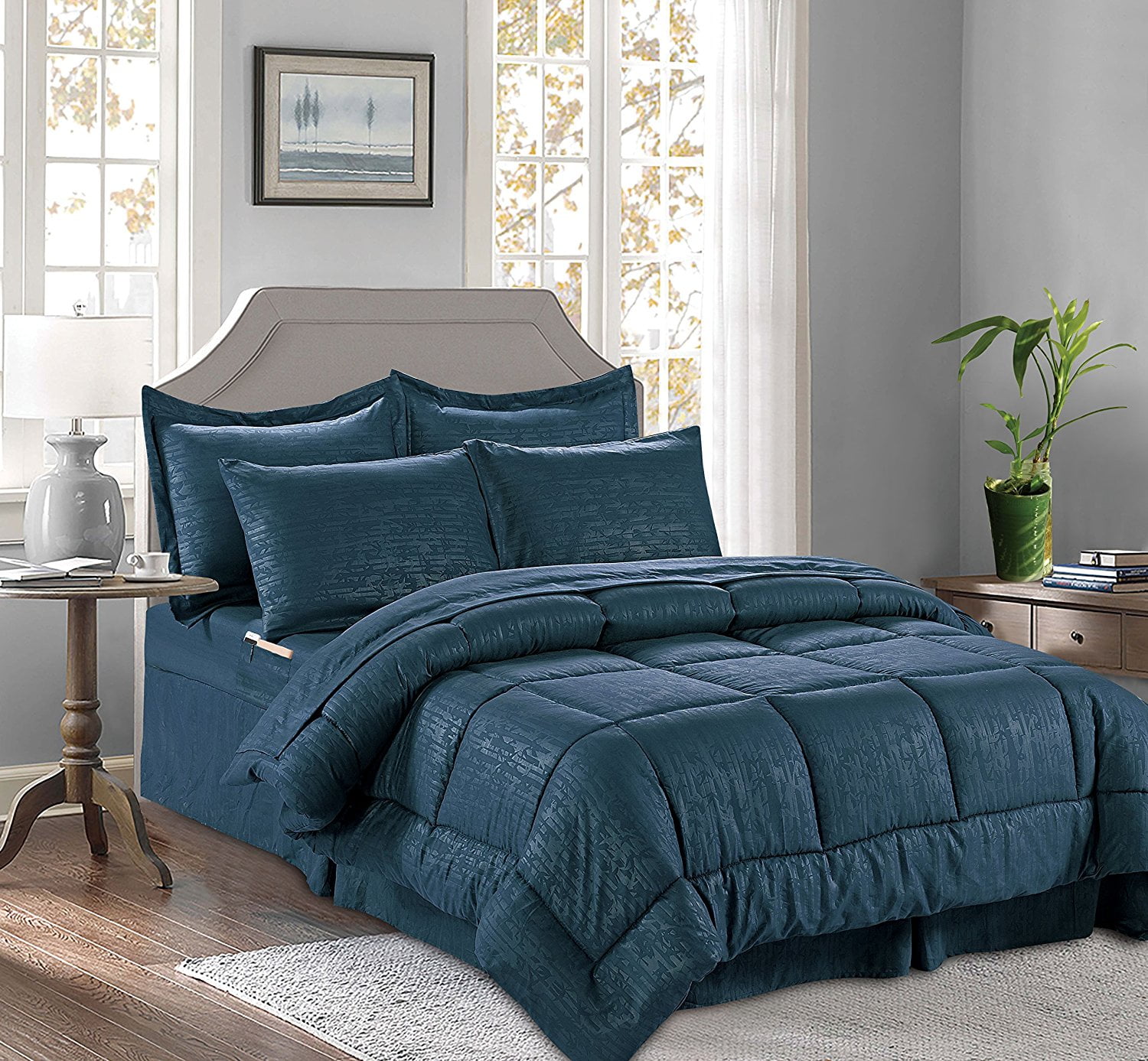 8 Pieces Bed in a Bag Bamboo Pattern Comforter Set Full/Queen, Navy Blue