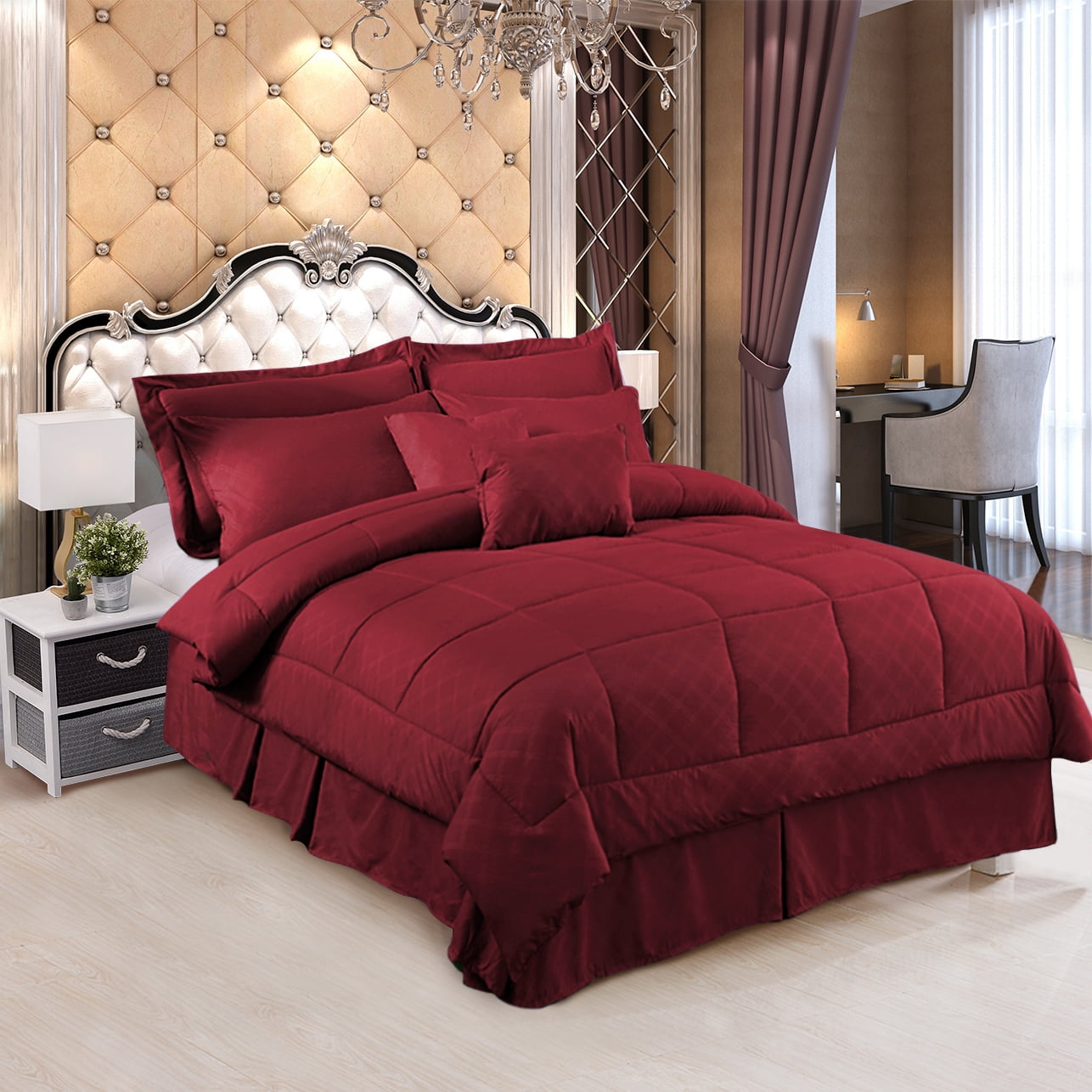 8 Pieces Bed in a Bag Bedding Comforter Set,Quilted Diamond Pattern, Twin,Burgundy