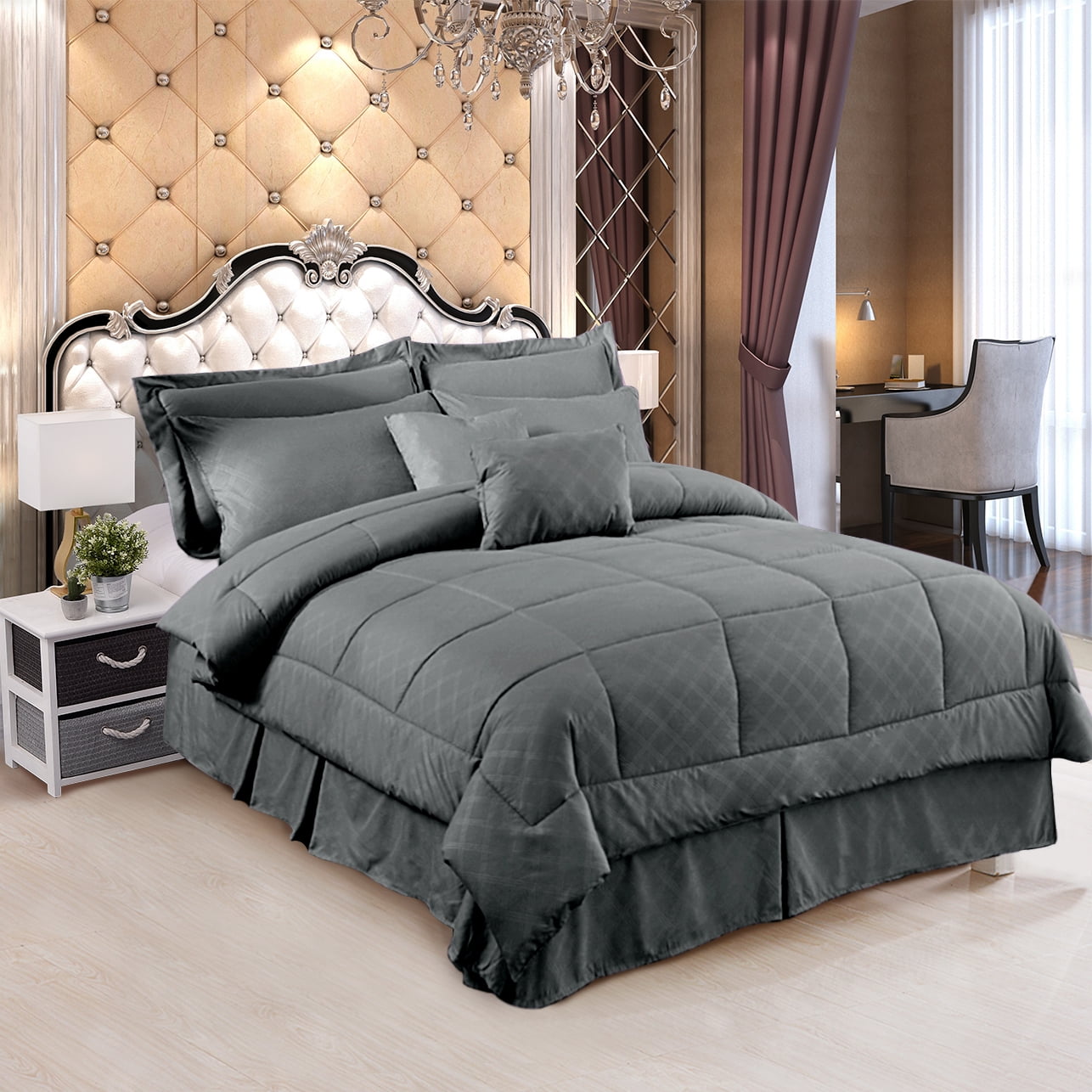 8 Pieces Bed in a Bag Bedding Comforter Set,Quilted Diamond Pattern, Twin,Grey