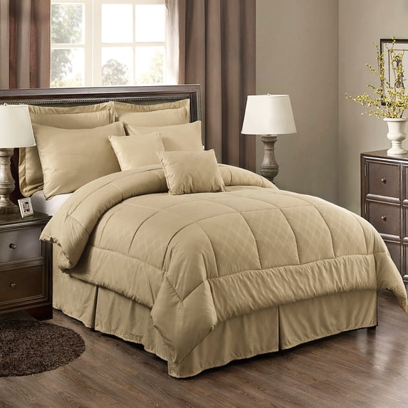 8 Pieces Bed in a Bag Bedding Comforter Set,Quilted Diamond Pattern, Twin,Taupe