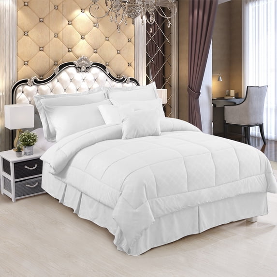 8 Pieces Bed in a Bag Bedding Comforter Set,Quilted Diamond Pattern, Twin,White