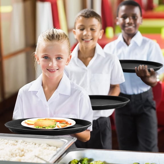 8 Pieces Black Round Restaurant Serving Tray, Plastic Non Slip Surface Food Meals Server Tray with Raised Edges for Home, Kitchen, Restaurant, Cafeteria, Bar (14")