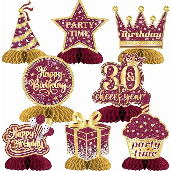 8 Pieces Burgundy 30th Birthday Decorations, Happy 30th Birthday Honeycomb Centerpieces, Cheers to 30 Years Table Decorations for Thirty Year Old Bday Party