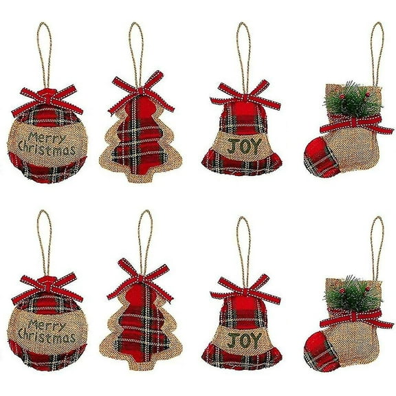 8 Pieces Burlap Christmas Ornaments Christmas Tree Stocking Ornaments Rustic Hanging Decoration Stockings Plaid