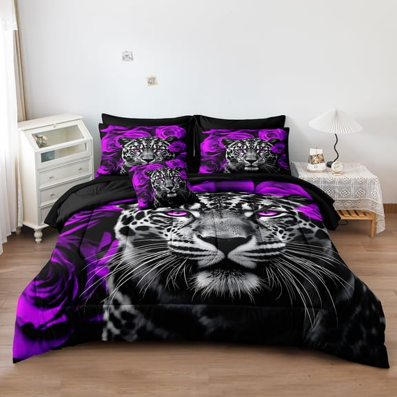 8 Pieces Cheetah Leopard Bed in a Bag Blue Rose Comforter Set Queen Size Blue Flower Bedding Tiger Lion Wild Animal Comforter Set