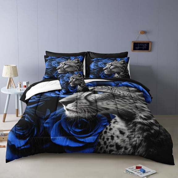 8 Pieces Cheetah Leopard Bed in a Bag Blue Rose Comforter Set Queen Size Blue Flower Bedding Tiger Lion Wild Animal Comforter Set