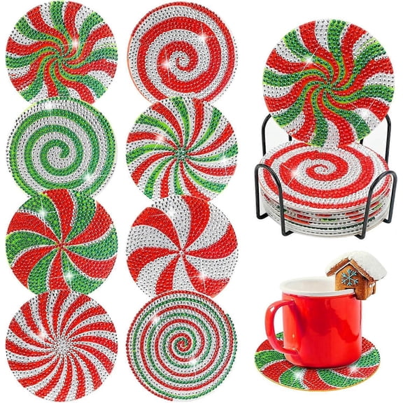 8 Pieces Christmas 5D Diamond Drawing Drink Coasters (Candy Style)