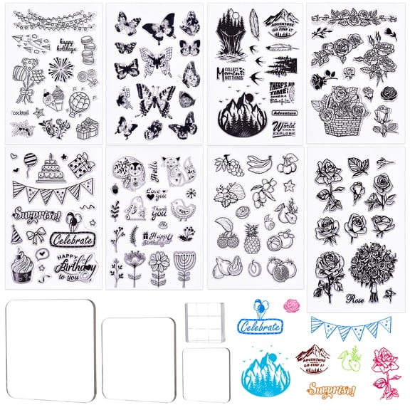 8 Pieces Clear Stamps Transparent Silicone Stamps Set and 4 Pieces Acrylic Stamp Blocks with Grid Lines for Card Making Decor DIY Scrapbooking DIY