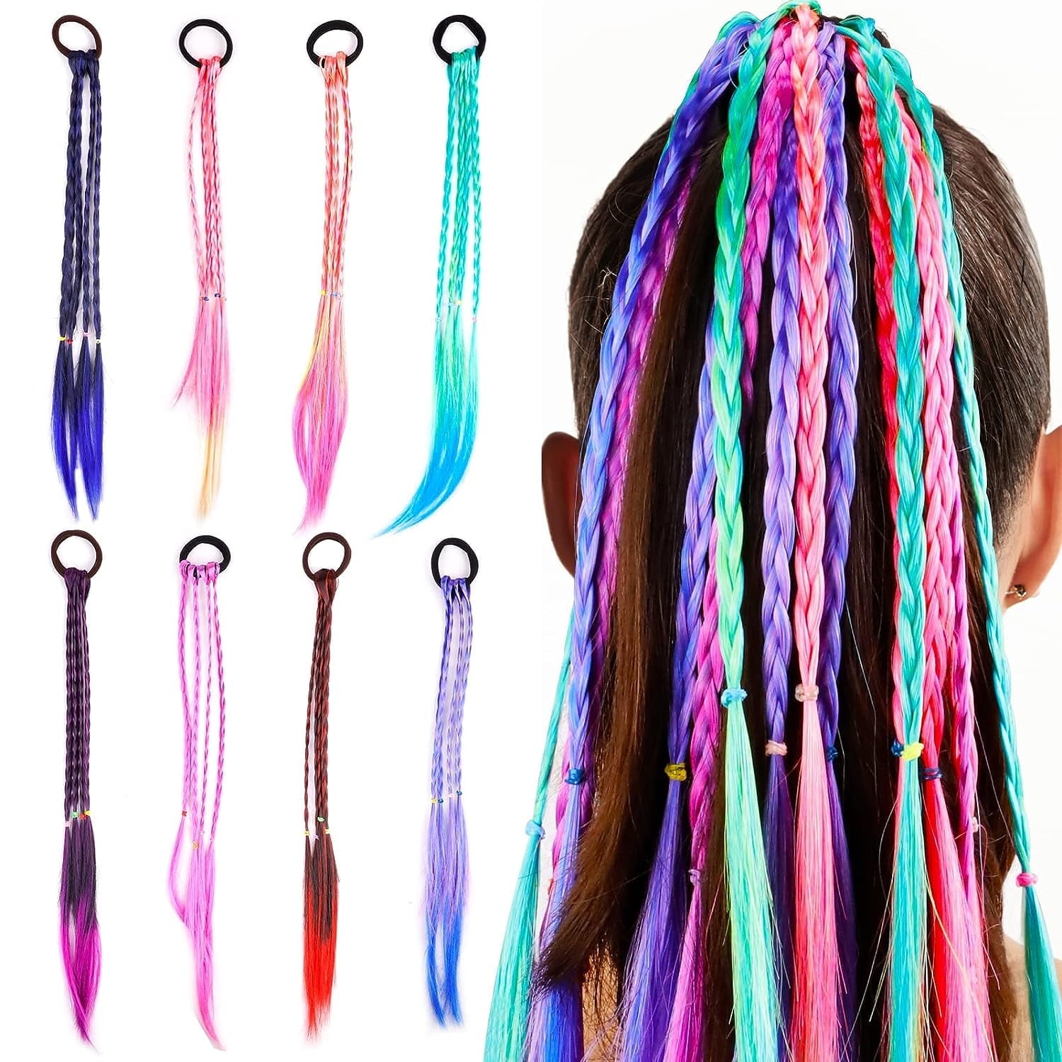 8 Pieces Colored Braids Hair Extensions with Rubber Bands, Rainbow Twist Braid Rope Synthetic Hairpieces Ponytail Hair Accessories for Women Kids Girls Headbands Party Highlights Cosplay Dress Up