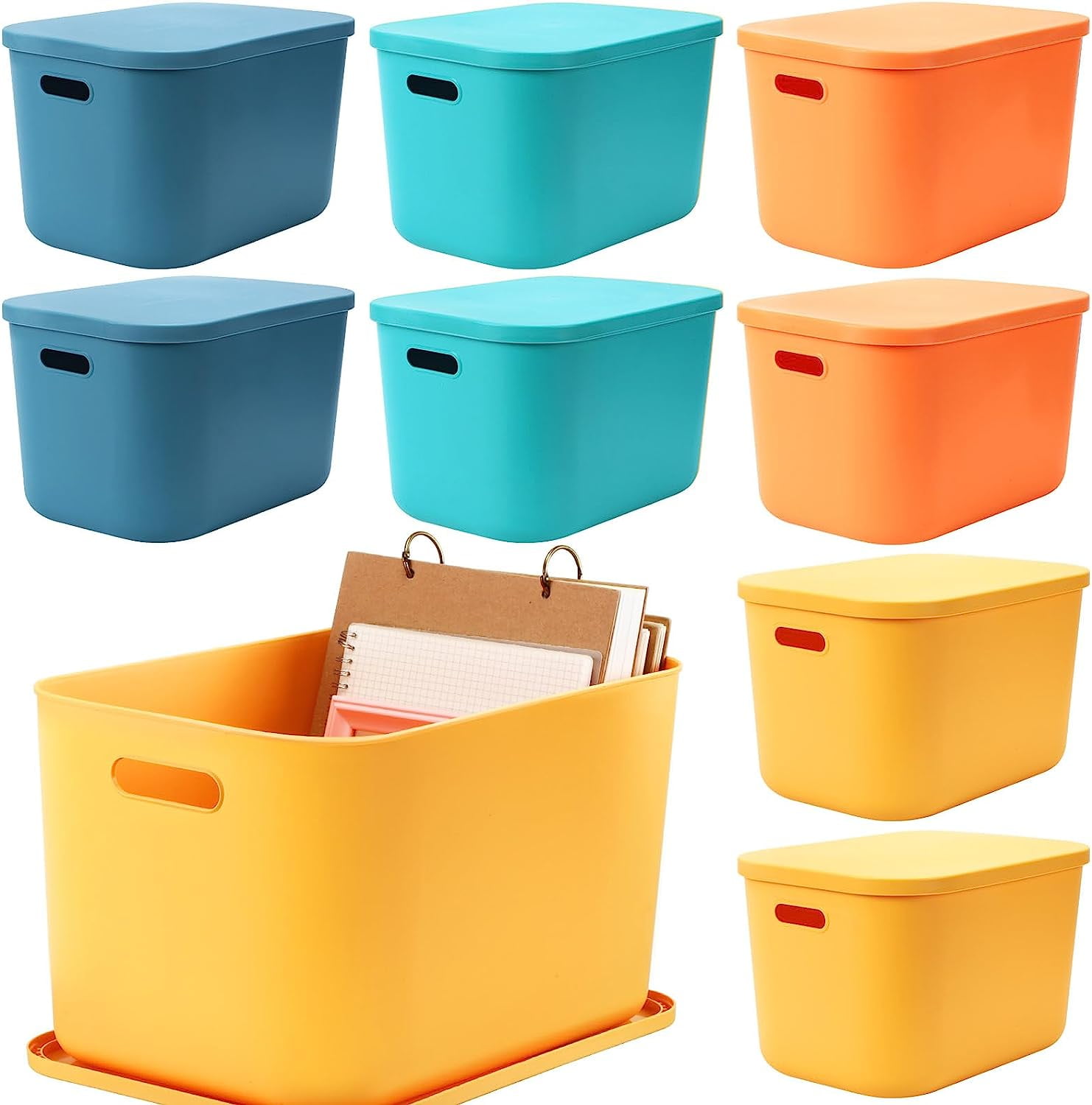 Colorful Stackable Plastic Storage Bins with Lids and Handles, 14.2 x 10.2 x 9.5 Inch, Set of 8