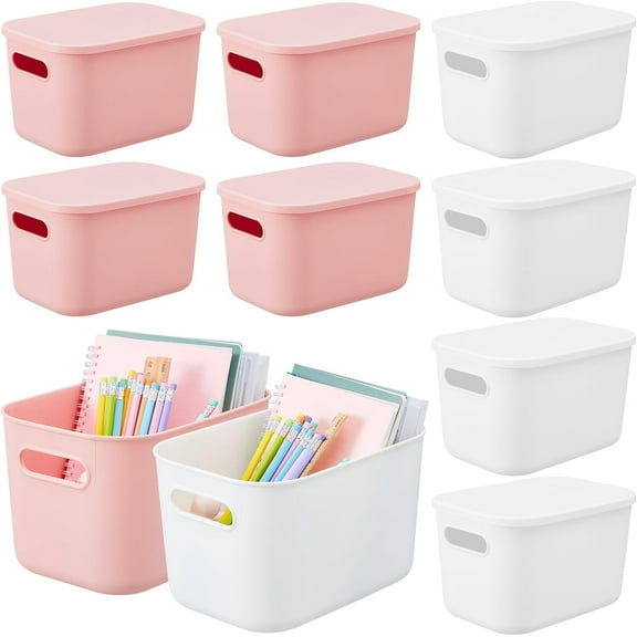 8 Pieces Colorful Storage Bins with Lid, Plastic Storage Basket Organizing Container Stackable Box with Handle for Shelves Desktop Playroom Office(14.2 x 10.2 x 9.5 Inch,White and Pink)
