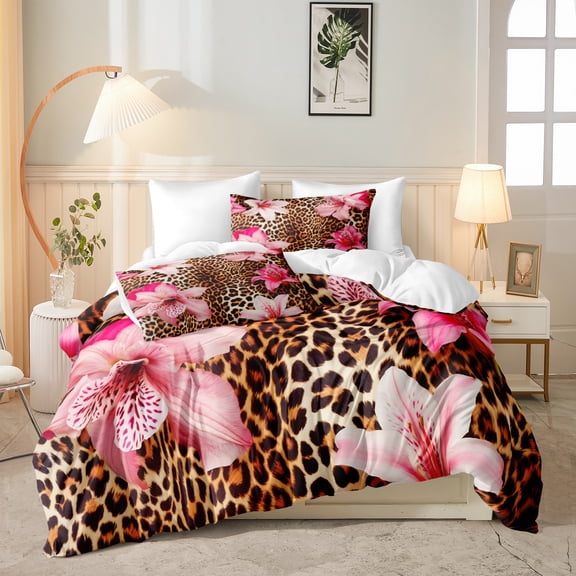 8 Pieces Comforter Set Cheetah Printed Comforter Set with Sheet Set Soft and Comfortable Pink Flower and Leopard Printed Bedding Comforter Sets for Girls and Women