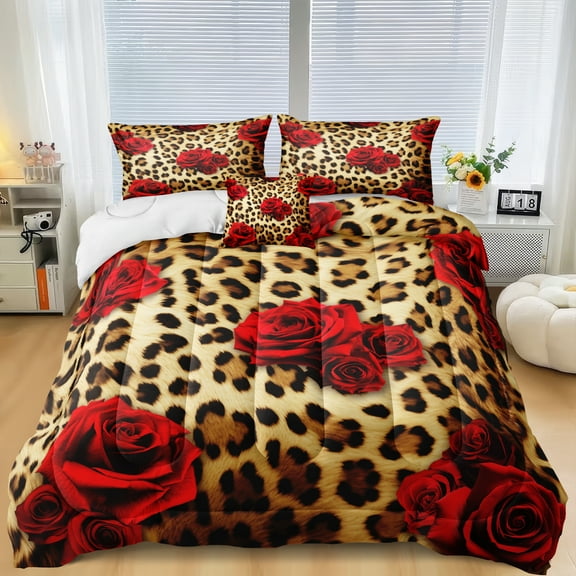 8 Pieces Comforter Set Cheetah Printed Comforter Set with Sheet Set Soft and Comfortable Pink Flower and Leopard Printed Bedding Comforter Sets for Girls and Women