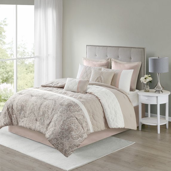 8 Pieces Comforter Set, Oversized Quilt Set for All Seasons, 1 Comforter, 2 Shams, 1 Bedskirt, 2 Decorative Pillows, 2 Euro Shams, Blush