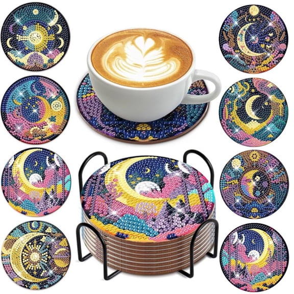 8 Pieces DIY Artificial Diamond Painting Coasters,moon Coaster, Crystal Bright Diamond Coaster,artificial Diamond Painting Art Kit, Craft Supplies,home Decoration Supplies