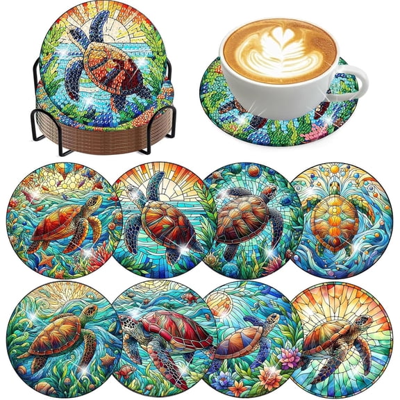 8 Pieces Diamond Art Painting Coasters Kit, Sea Turtle Diamond Art Coaster, DIY Diamonds Craft Kits for ults and Beginners (Turtle Style)