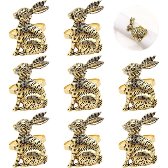 8 Pieces Easter Rabbit Napkin Rings Set Bunny Metal Napkin Rings Bulk Holders for Easter Party Dinner Weddings Decoration Celebration (Vintage Gold)