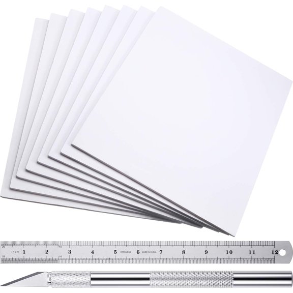 8 Pieces Foam Boards Core Backing Boards, Silver Craft Knife with Protective Cap and 12 Inch Stainless Steel Ruler for Art Presentations Crafts Display Favors (White, Silver,16 x 0.2 Inches)