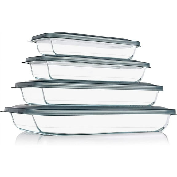8 Piece Gray Rectangular Glass Bakeware Set with Lids for Lasagna Leftovers Cooking