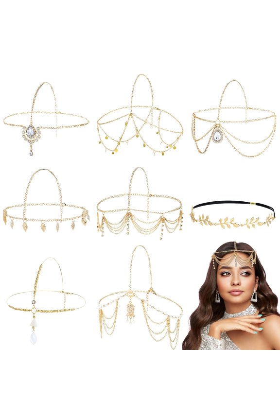 8 Pieces Gold Head Chains with Rhinestone Pearl Leaf Coin Festival Prom Wedding Bridal Jewelry Boho Headbands Tassel Forehead Chain Hair Bands Headwear Headpieces for Women Girls