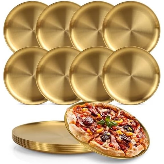 8 Pieces Gold Pizza Pan Bulk 10 inch Stainless Steel Pizza Pan for Oven, Round Pizza Baking Tray Heavy Duty Pizza Serving Tray, Pizza Baking Sheets for Home Kitchen Restaurant