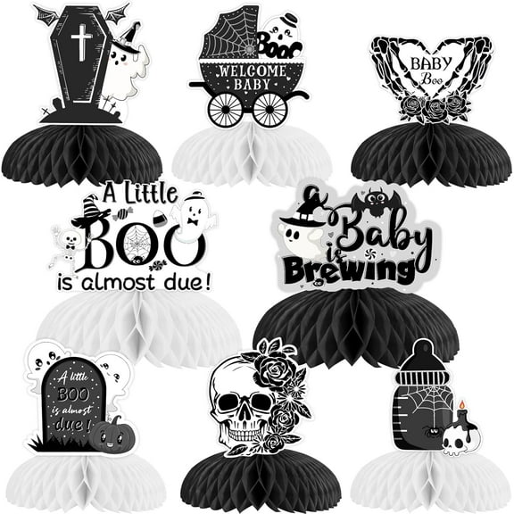 8 Pieces Halloween Baby Shower Honeycomb Centerpieces, White and Black Skull Ghost Pumpkin Bat Table Topper Decorations Halloween Baby Shower Gender Reveal Party Supplies