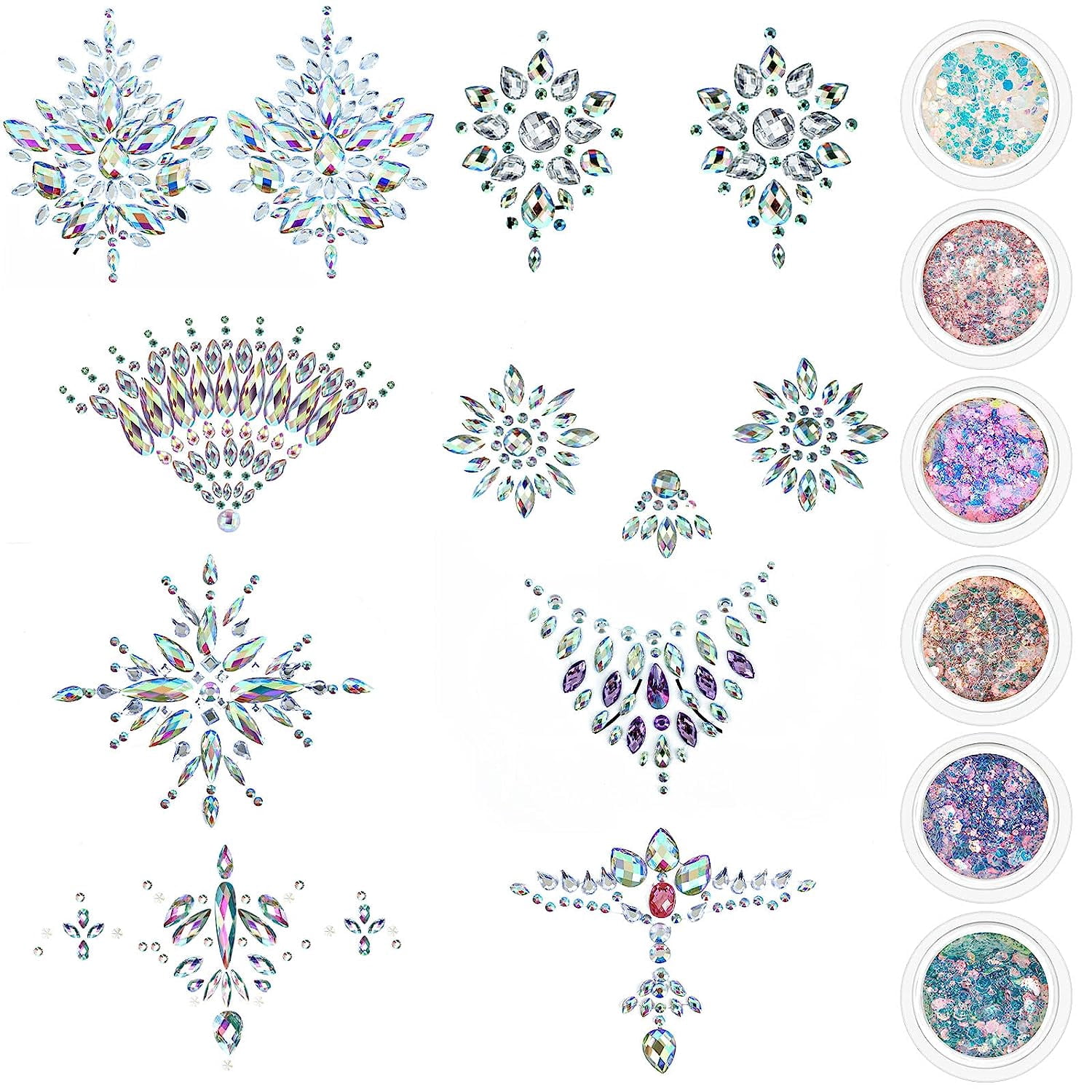 8 Pieces Halloween Breast Jewels Tattoo Body Gems Rhinestone Chest Sticker with 6 Boxes Chunky