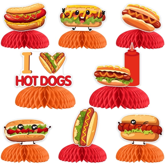 8 Pieces Hot Dog Honeycomb Centerpieces for Tables - Fast Food Theme Birthday Decorations, Hot Dog Table Toppers for Picnic Burger BBQ Party Supplies