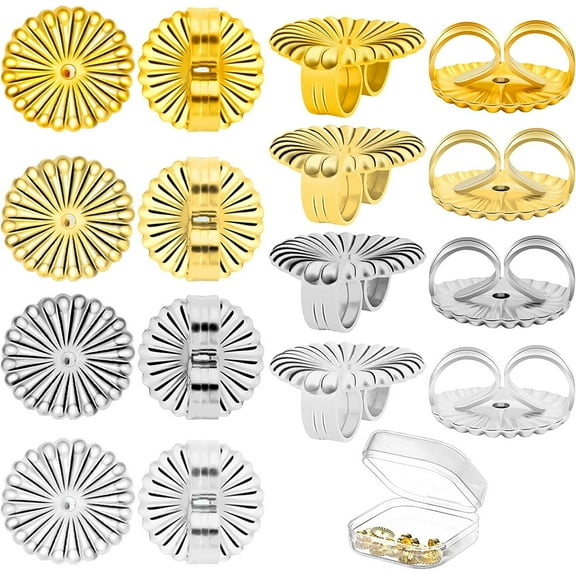 8 Pieces Jumbo Earring Backs, 14K Gold Large Earring Backs Adjustable Earring Backs Locking Earring Backs with Storage Box for Droopy Ear Heavy Support (Gold+Silver, 9mm)