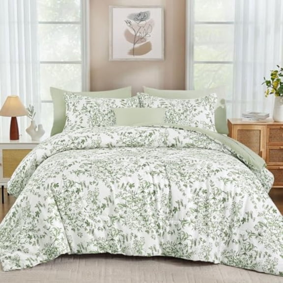 8 Pieces King Size Comforter Set GreenSage Green Floral Bed in a Bag Comforter Sets Soft Reversible Botanical Flowers Bedding Sets for All Season 90"x104"