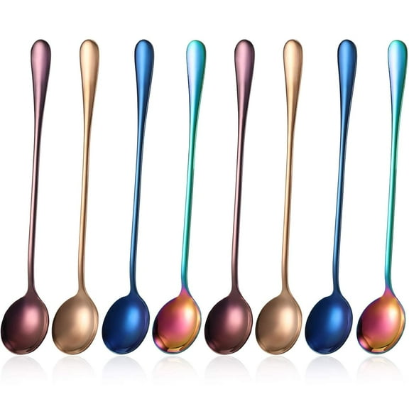 8 Pieces Long Handle Tea Spoon Stainless Steel Coffee Mixing Spoons Teaspoon for Mixing, Cocktail Stirring, Coffee, Milkshake, Cold Drink, 7.48 Inch (Round Style)