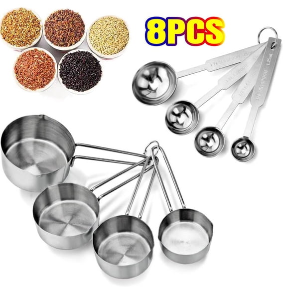 8 Pieces Measuring Cups, Stainless Steel Measuring Cups and Spoons Set, Metal Measuring Cups Great for Cooking and Baking