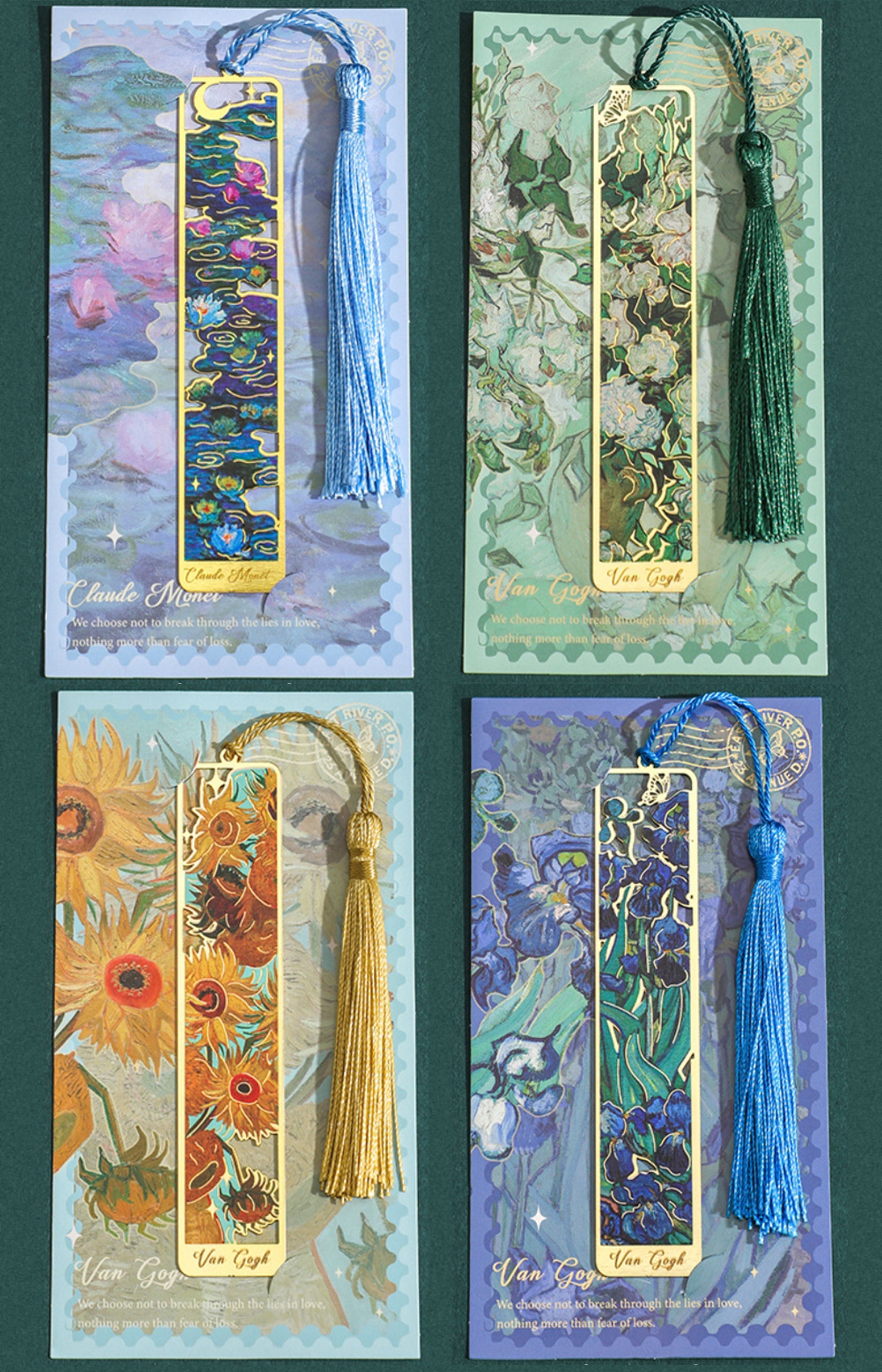 4 Packs Metal Bookmarks With Tassel - Van Gogh Oil Painting Themes (Sunflower, Rose, Iris, Water Lily)