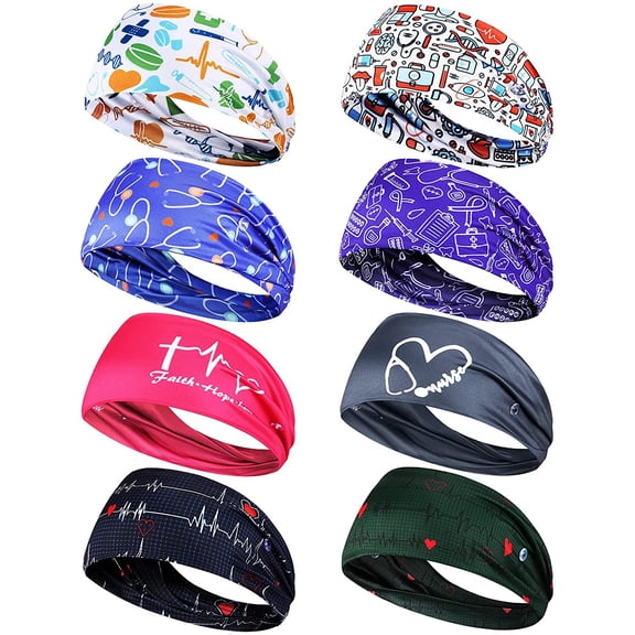 8 Pieces Nursing Headbands with Buttons for Nurses Doctors Women Face Covering Ear Protection Holder Non Slip Elastic Hair Bands Wide Head Wraps for Spa Yoga Sports Workout (Sweet Patterns)