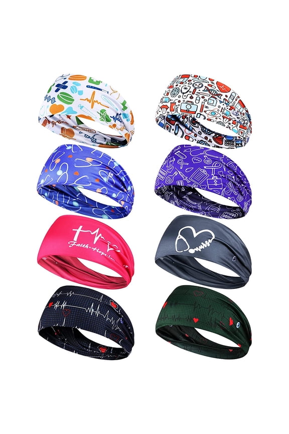 8 Pieces Nursing Headbands with Buttons for Nurses Doctors Women Face Covering Ear Protection Holder Non Slip Elastic Hair Bands Wide Head Wraps for Spa Yoga Sports Workout (Sweet Patterns)