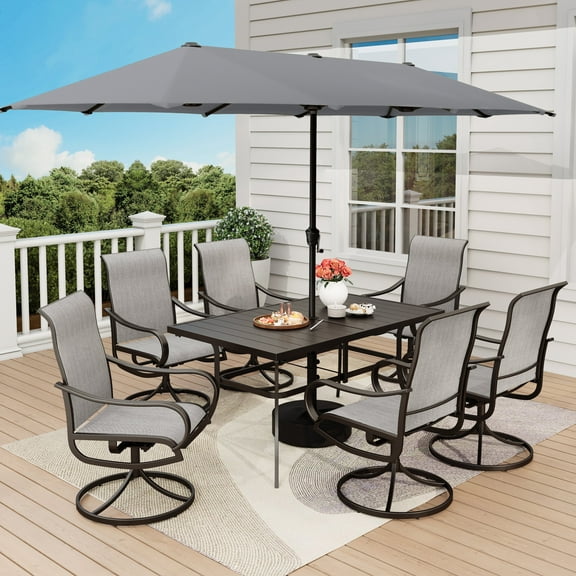 8 Pieces Outdoor Patio Dining Set with 13FT Umbrella, High Back Swivel Textilene Chairs and Metal Patio Table for 6, Black & Light Gray