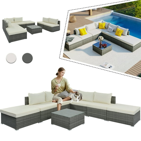 8 Pieces Outdoor Patio Furniture Set with Glass Coffee Table , Wicker Sectional Conversation Sofa Rattan Patio Seating Set for All-Weather, Backyard, Garden