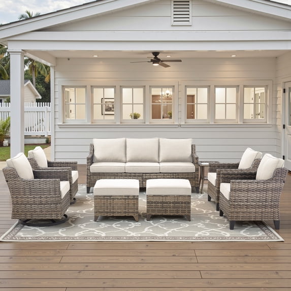 8 Pieces Outdoor Patio Furniture Sets with Wicker Swivel Rocker Patio Chairs,All Weather High Back Patio Outdoor Conversation Sets with Sofa and Ottomans for Porch Balcony Patio Deck