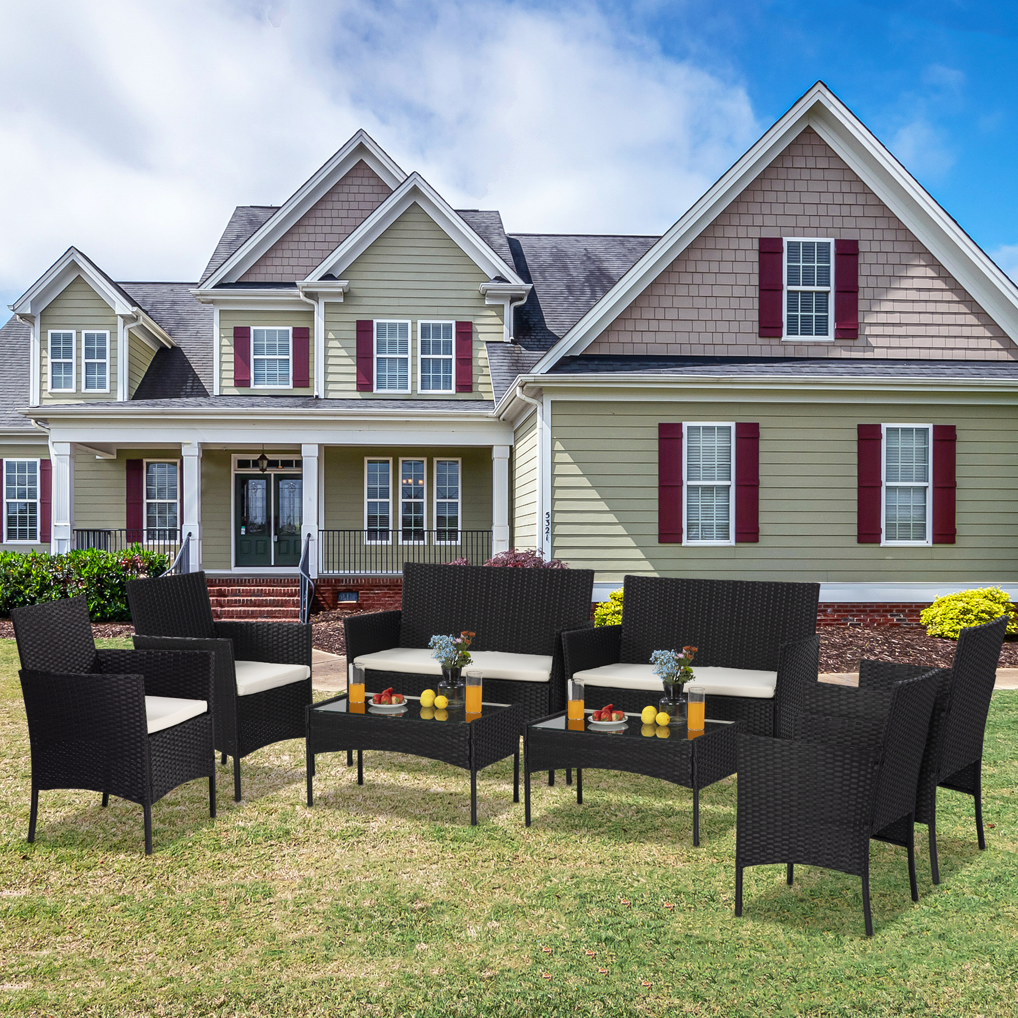 8 Pieces Outdoor Wicker Furniture Set, Patio Rattan Chair Set with