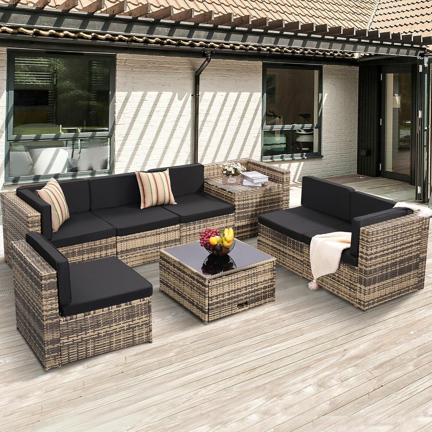 8 Pieces Outdoor Wicker Rattan Patio Furniture Sectional Set, Glass Top